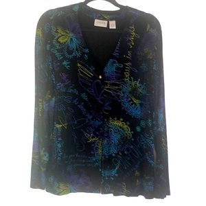 Chico’s travelers cardigan size 3 (Xl/16) black blue and purple with love quotes